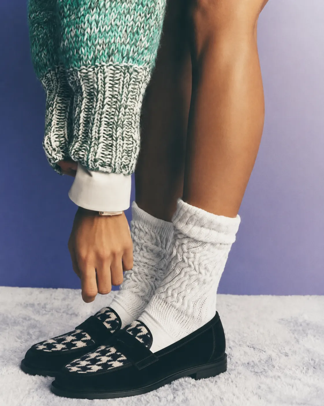 LYL penny loafer in black velvet & houndstooth knit