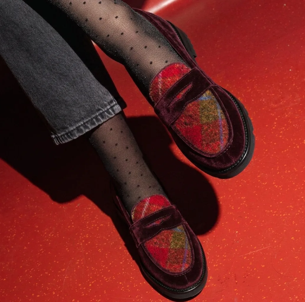 LYL penny loafer in burgundy velvet & tartan